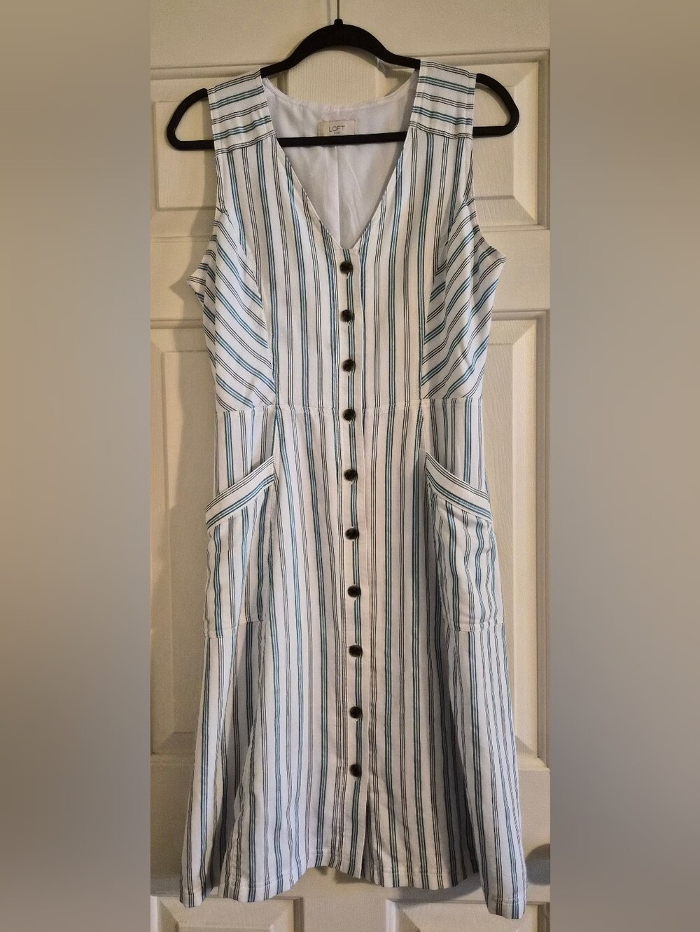 Loft Striped Blue Button-front Sleeveless Midi Dress W/ Pockets Size 8